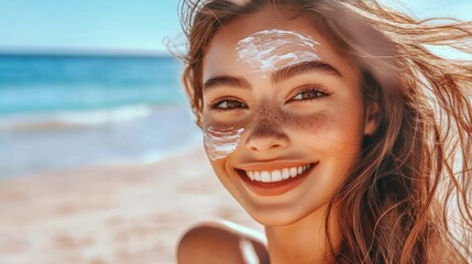 Happy young woman with sun cream on beach, smiling and stylish, with blurred beach background