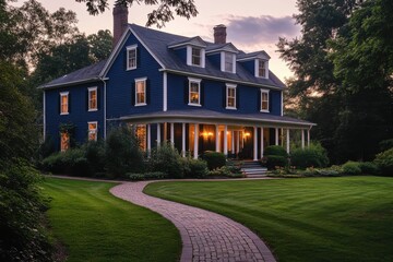 Fototapeta premium A beautiful classic home with navy blue siding and white trims, surrounded by a lush green
