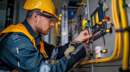 Close-up Shots: An engineer inspecting machinery or working on equipment with tools in hand.