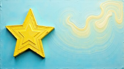 Fototapeta premium Yellow Star on a Light Blue Swirling Background A Vibrant and Textured Artistic Composition