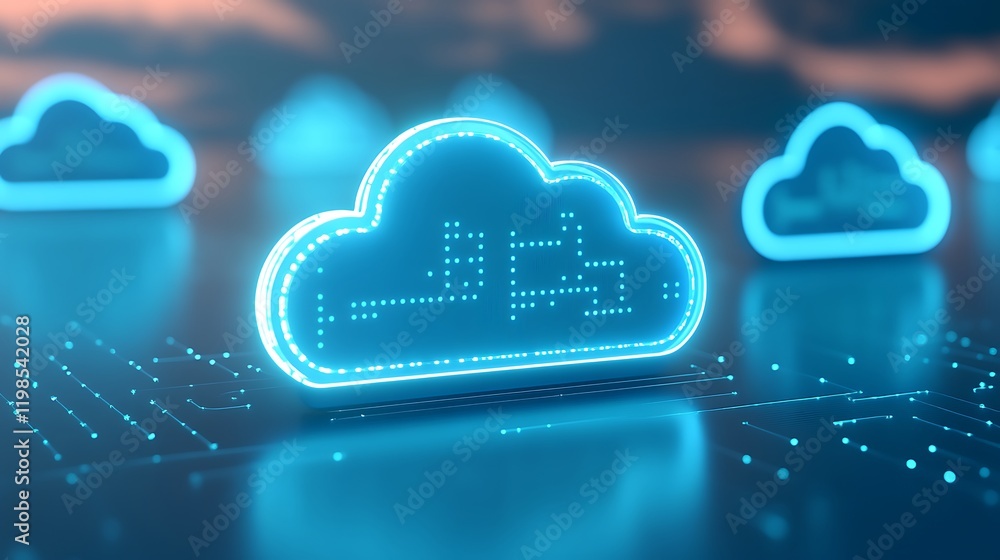 Poster glowing blue cloud representing digital technology and data storage with a futuristic background