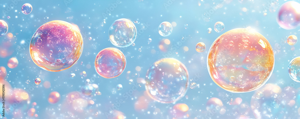 Aufkleber iridescent bubbles float in blue; bokeh background