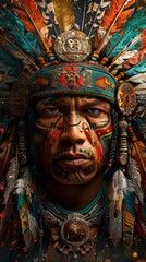 Obraz premium Native American Shaman Portrait Colorful Headdress Tribal Art Cultural Heritage