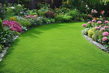 Fototapeta premium A bright and crisp close-up view of a perfectly manicured lawn, surrounded by lush greenery