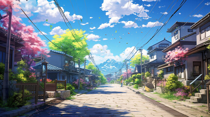 Alley of japan anime style, blue sky, summer, shiny day.