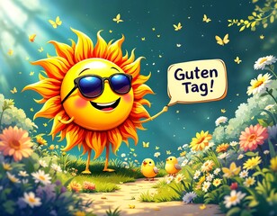 Guten Tag! A cheerful sun greets the day in a vibrant floral garden, two little birds and butterflies complete this happy scene.