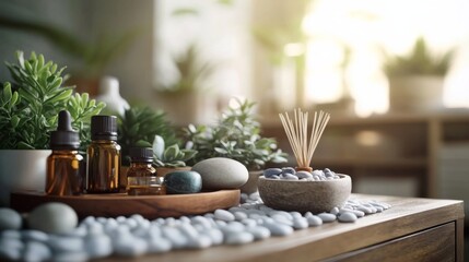 Wooden table with essential oils, honey jar, plants, reed diffuser sticks, tray on white pebbles, peaceful room background