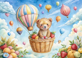 Obraz premium Cute Watercolor Bear Hot Air Balloon Adventure - Whimsical Food Photography