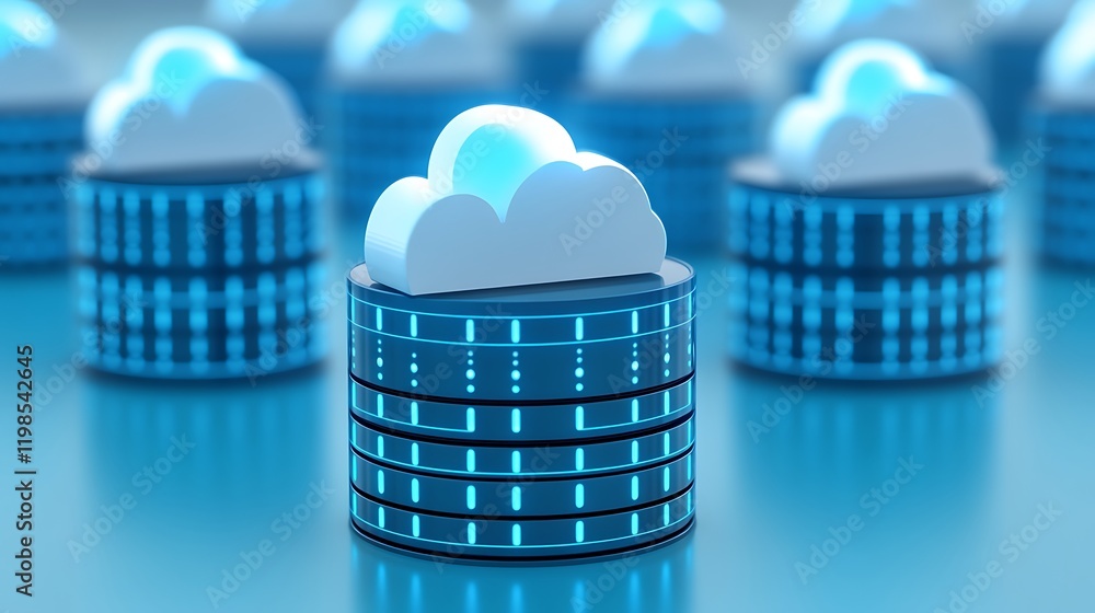 Poster modern cloud computing concept with data storage and blue led lights representation for digital solu