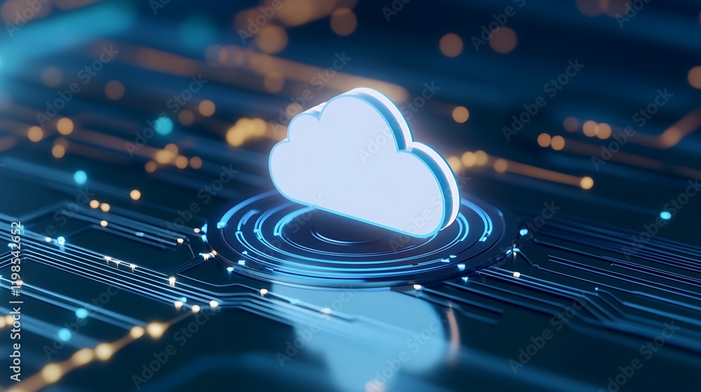 Poster modern cloud computing concept with digital circuit background and bright blue cloud icon over techn