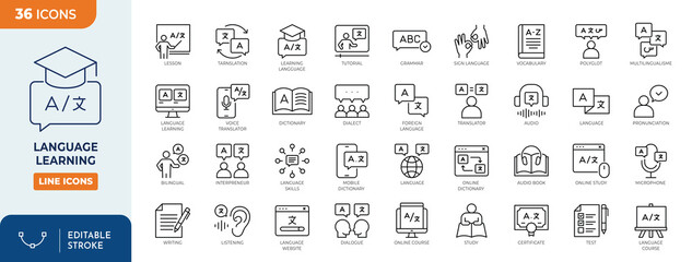 language learning icon set. language learning icon set. Outline Icon Collection. Vector illustration. Editable stroke	