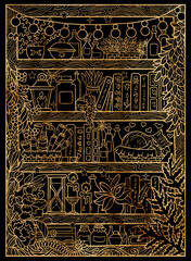 Black and gold illustration with magic shelves with ritual and witch objects, pots, healing plants, bottles, books and sleeping cat.