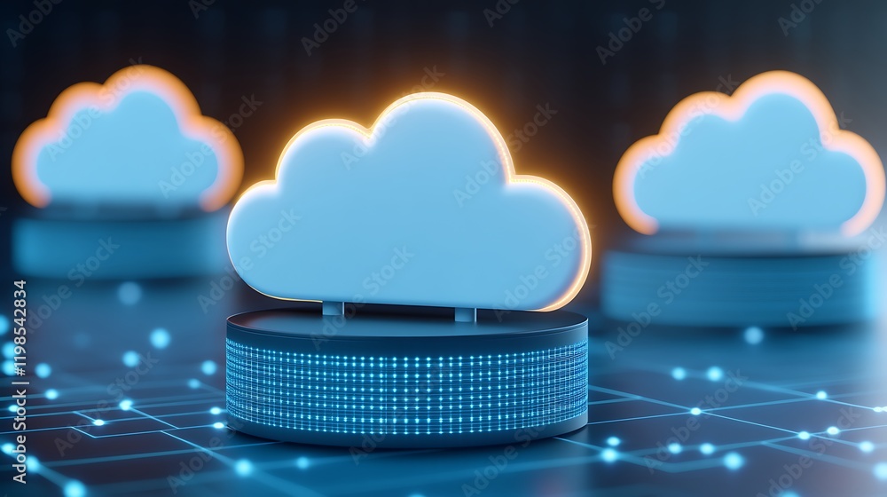 Poster modern cloud computing concept with glowing cloud icons on digital circuit background for technology