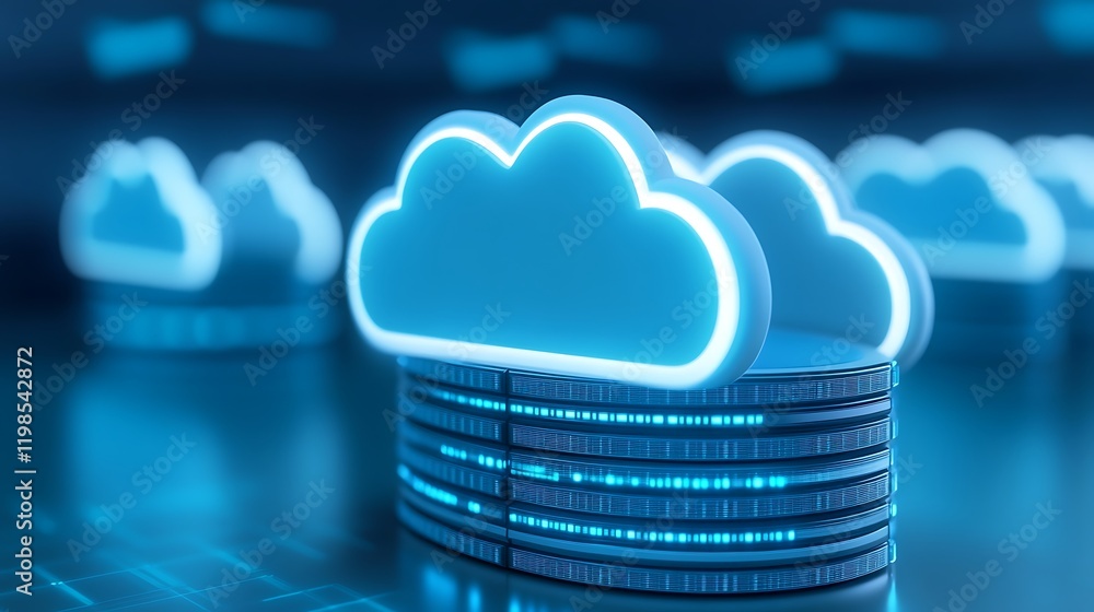 Poster modern cloud computing concept with glowing cloud icons on digital data storage background