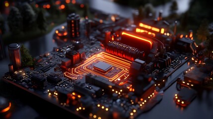Fototapeta premium Cyberpunk Cityscape on a Motherboard: A Futuristic Digital Landscape