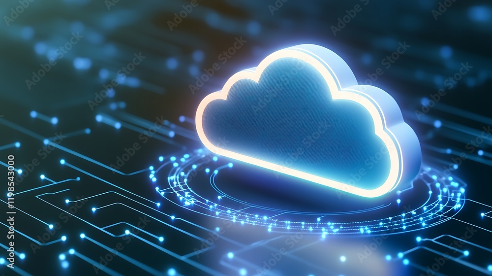 Poster modern cloud computing icon with digital circuitry background, symbolizing data storage and connecti