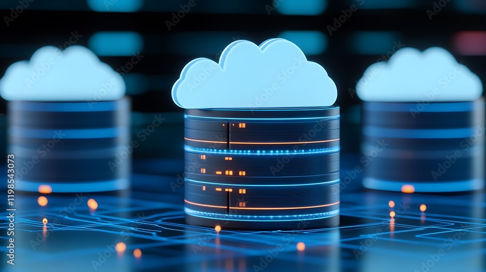 Poster modern cloud computing storage concept with data management and cybersecurity elements in a digital 