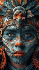 Ancient Mayan Culture Face Paint 8K Digital Art Tribal Headdress