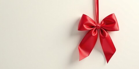 A single elegant red satin ribbon bow, tied with a graceful knot, hangs against a clean off-white backdrop, offering a sophisticated touch for various design projects.