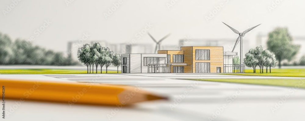 Poster engineer project concept. modern eco-friendly building design with surrounding greenery and wind tur
