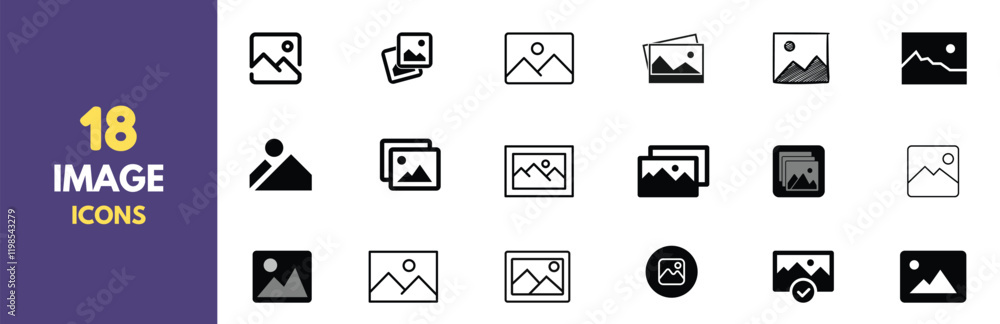 Leinwandbilder A collection of 18 minimalist photo and image icons in black outline style. Perfect for user interfaces, websites, and app design. Features various representations of picture placeholders and gallery.