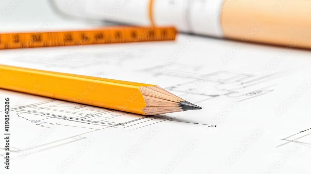 Poster engineer blueprint idea. close-up of a yellow pencil on architectural blueprints and tools for desig