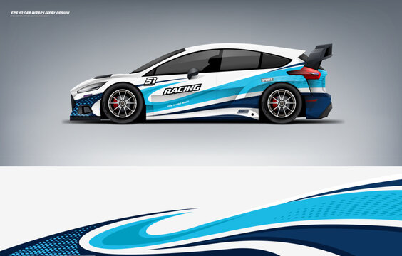Sporty Car branding mockup with racing wrap decal or livery design, Hatchback wrap white and blue livery design