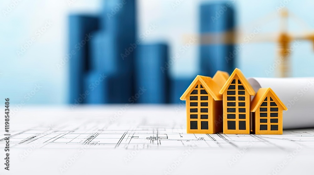 Poster engineer project concept. miniature houses on architectural blueprints with a blurred construction b