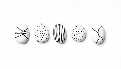 Five Elegantly Decorated Black and White Easter Eggs Arranged on a Clean White Background