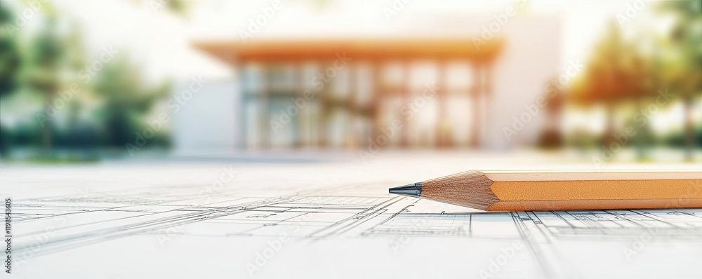 Poster engineer project concept. a close-up of a pencil on architectural plans with a modern building in so