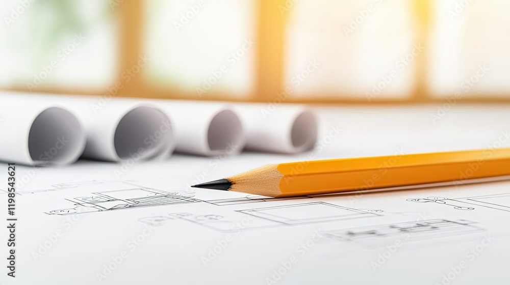 Poster engineer blueprint idea. close-up of a pencil on architectural blueprints and rolled papers in a des