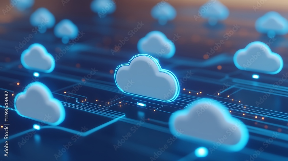 Poster stylized cloud computing concept with blue neon lights and digital circuit background for technology