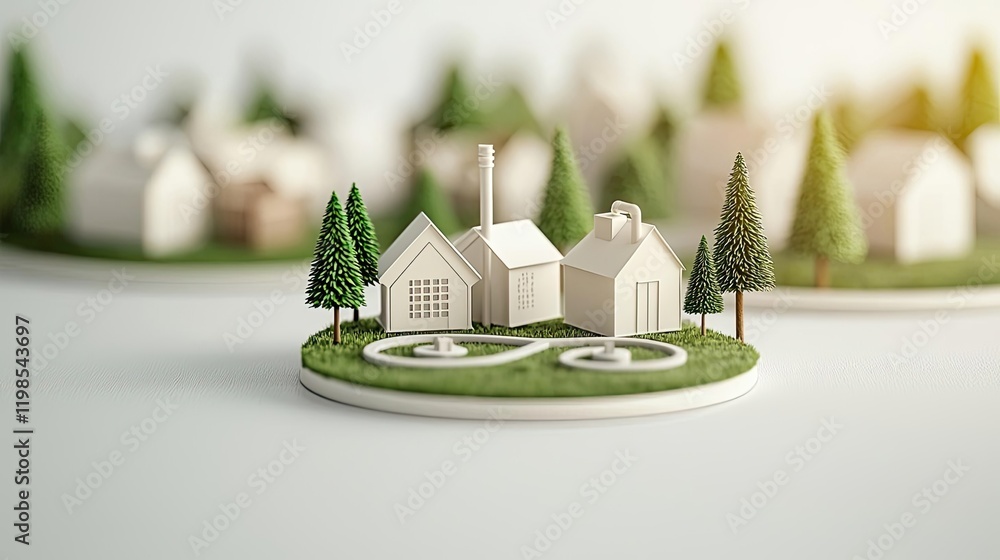 Poster Engineer sketching idea. Miniature model of houses surrounded by trees on a circular base representing community.