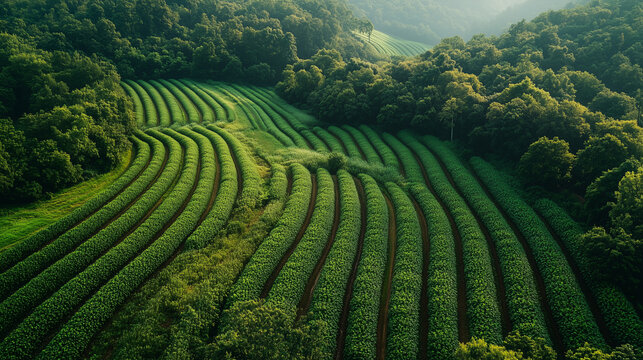 A lush, green, rolling tea plantation is seen from above - Powered by Adobe