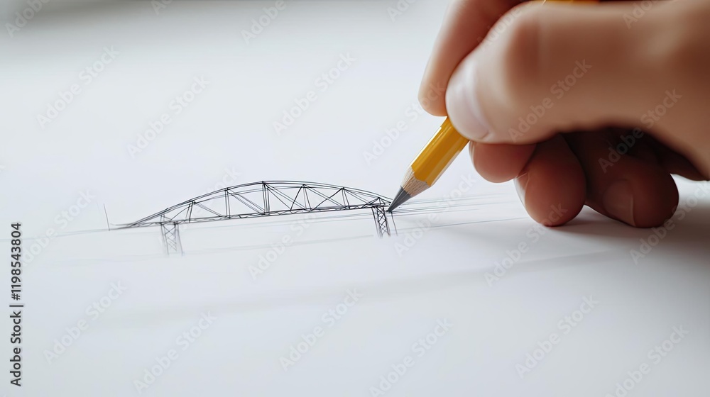 Poster engineer sketching idea. a hand sketching a bridge on paper, showcasing creativity in design and arc