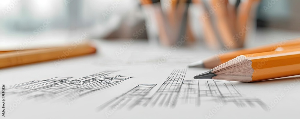 Poster engineer sketching idea. close-up of design sketches and pencils on a workspace, capturing creativit