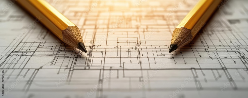 Poster engineer blueprint idea. close-up of pencils resting on architectural blueprints for design planning