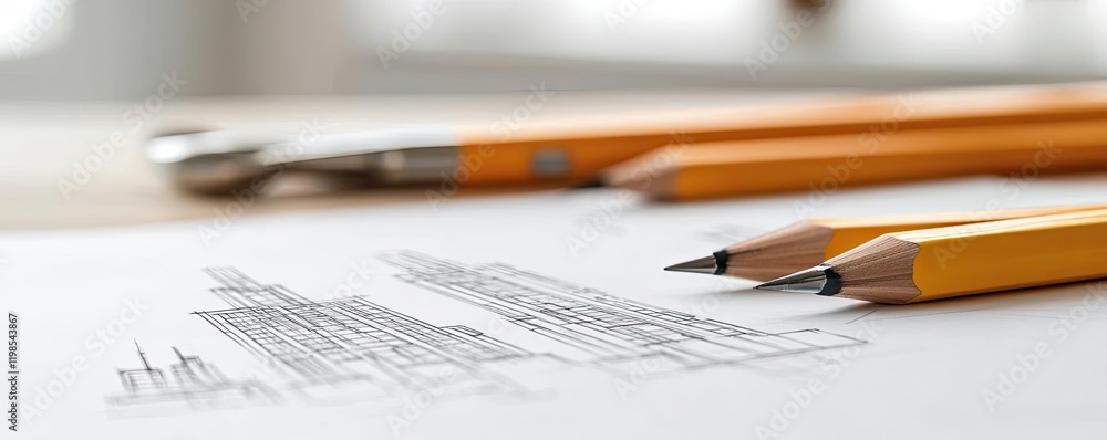 Poster engineer sketching idea. close-up of architectural plans with pencils and tools on a desk for design