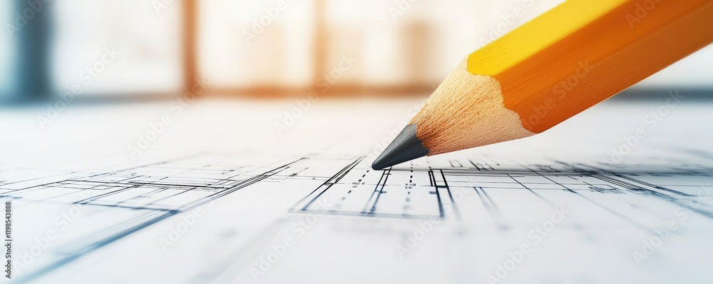 Poster engineer project concept. close-up of a pencil on blueprints, symbolizing architecture and design pr