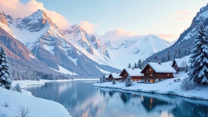 Fototapeta premium Serene Winter Wonderland Picturesque Alpine Lake Houses Reflected in Still Waters, Snow-Capped Mountains at Sunrise