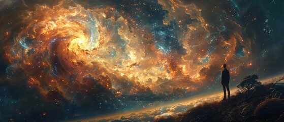 Cosmic Wonder Man Contemplates Starry Nebula Galaxy Universe