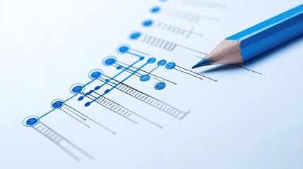 Engineer project concept. Close-up of a blue pencil resting on a technical drawing with geometric designs.