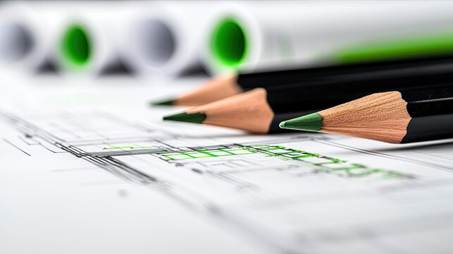 Engineer sketching idea. Close-up of colored pencils on architectural blueprints for design and planning.