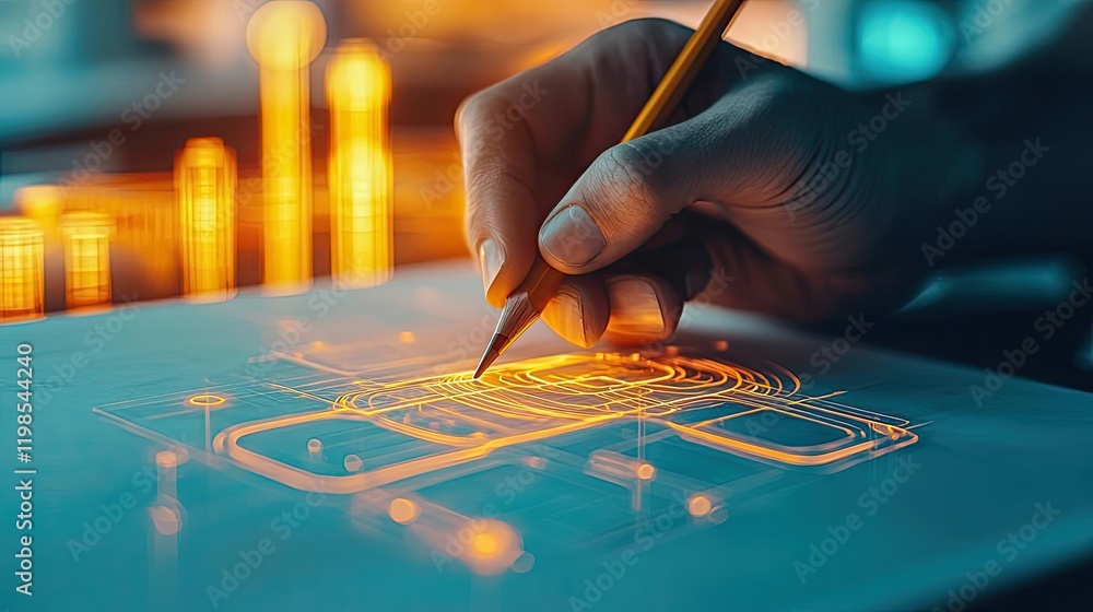 Poster engineer sketching idea. a hand sketching a digital design with glowing elements on a white paper.