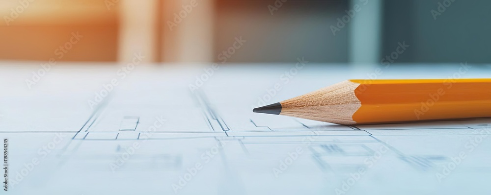 Poster engineer blueprint idea. close-up of a yellow pencil resting on architectural blueprints with soft l