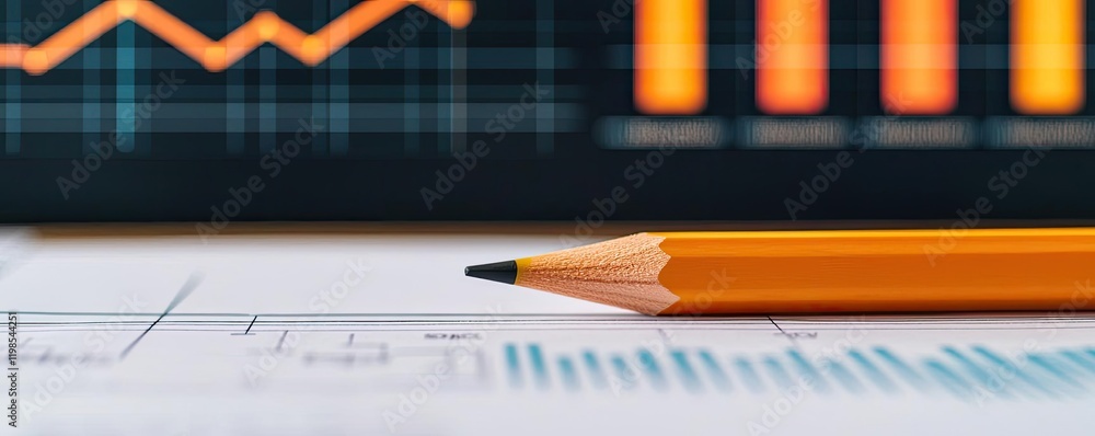 Poster engineer blueprint idea. close-up of a pencil on paper with financial graphs and charts for analysis