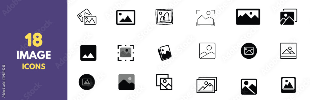 Poster A collection of 18 minimalist photo and image icons in black outline style. Perfect for user interfaces, websites, and app design. Features various representations of picture placeholders and gallery.
