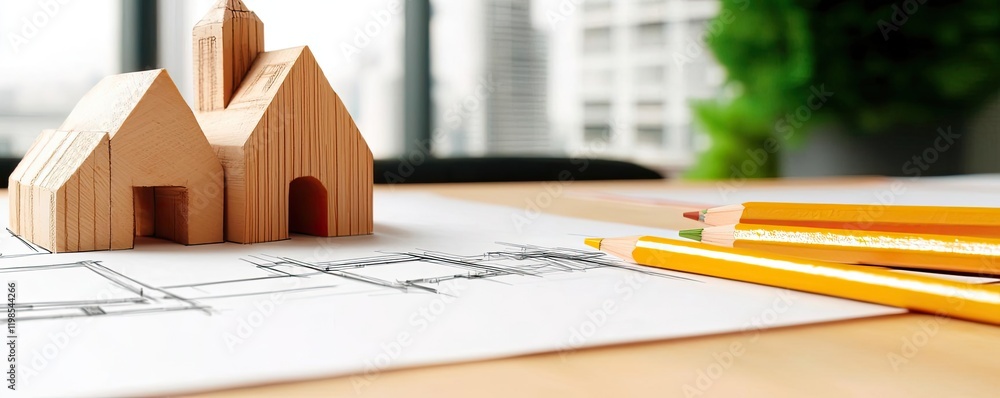 Poster engineer sketching idea. model house on blueprints with pencils, highlighting architectural planning