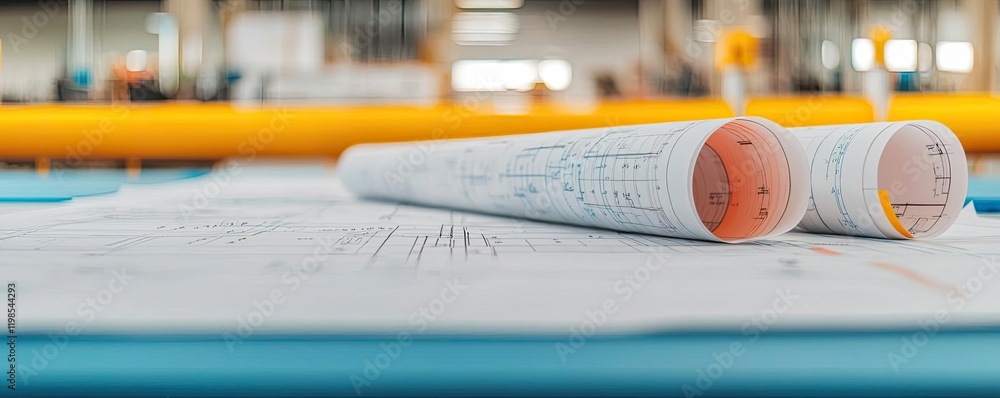 Poster engineer project concept. blueprints and rolled architectural plans on a blue printed table in a wor