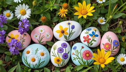 Fototapeta premium Hand-Painted Colorful Rocks Displaying Beautiful Flower Designs in Lush Green Grass and Blooms